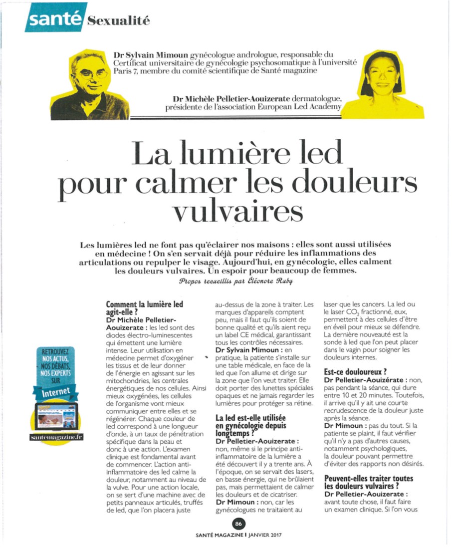 Article de presse Santé Magazine: La lumière LED pour calmer les douleurs vulvaires - Dr MIMOUN - Dr PELLETIER
